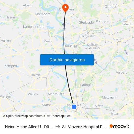 Heinr.-Heine-Allee U - Düsseldorf to St. Vinzenz-Hospital Dinslaken map