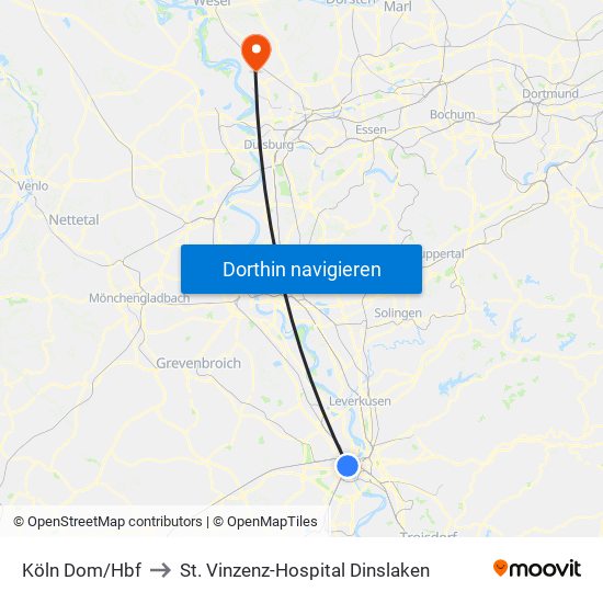 Köln Dom/Hbf to St. Vinzenz-Hospital Dinslaken map