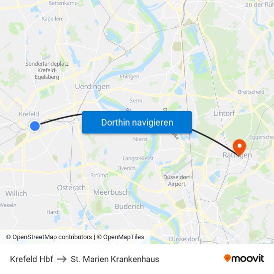 Krefeld Hbf to St. Marien Krankenhaus map