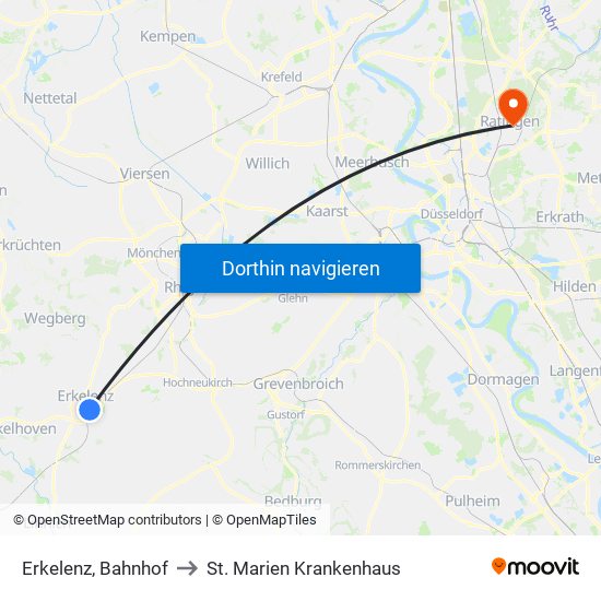 Erkelenz, Bahnhof to St. Marien Krankenhaus map