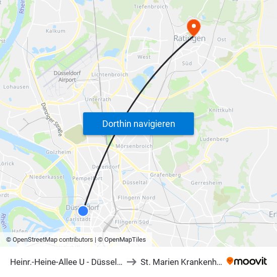 Heinr.-Heine-Allee U - Düsseldorf to St. Marien Krankenhaus map