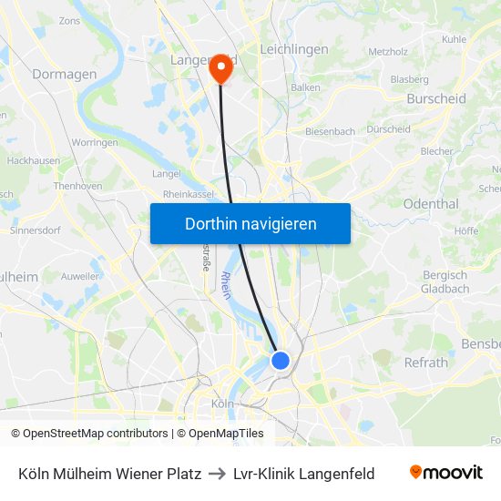 Köln Mülheim Wiener Platz to Lvr-Klinik Langenfeld map