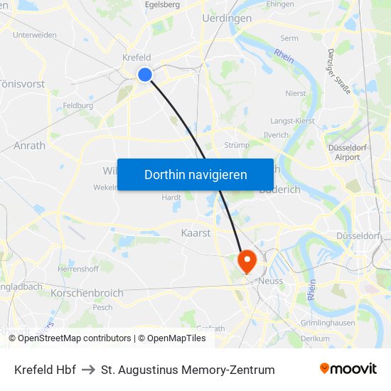 Krefeld Hbf to St. Augustinus Memory-Zentrum map