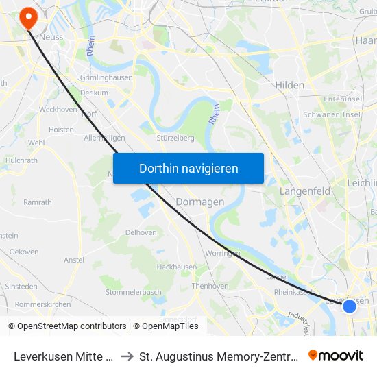 Leverkusen Mitte Bf to St. Augustinus Memory-Zentrum map