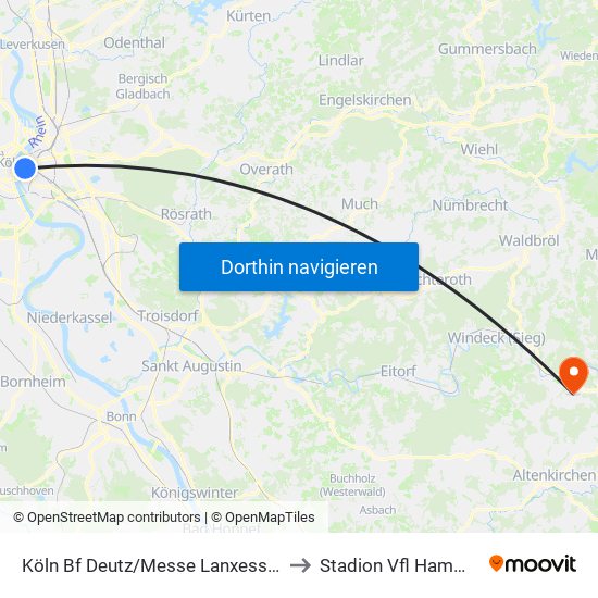 Köln Bf Deutz/Messe Lanxess Arena to Stadion Vfl Hammsieg map