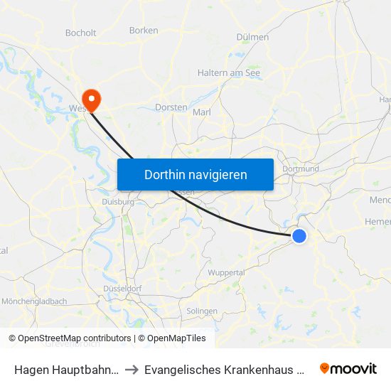 Hagen Hauptbahnhof to Evangelisches Krankenhaus Wesel map