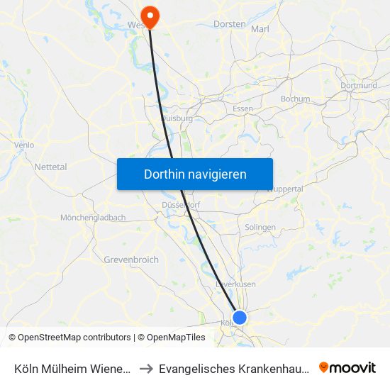 Köln Mülheim Wiener Platz to Evangelisches Krankenhaus Wesel map