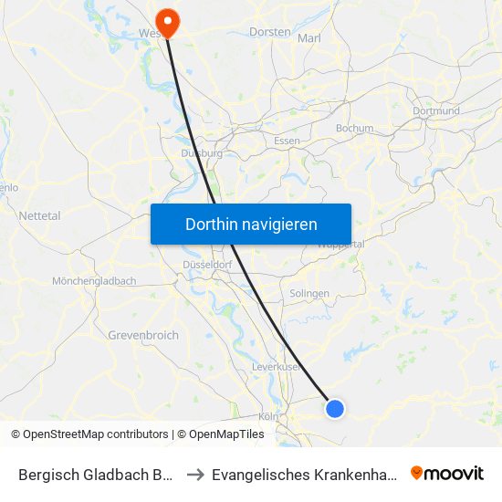 Bergisch Gladbach Bensberg to Evangelisches Krankenhaus Wesel map