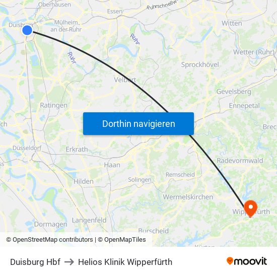 Duisburg Hbf to Helios Klinik Wipperfürth map