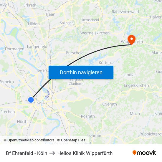Bf Ehrenfeld - Köln to Helios Klinik Wipperfürth map