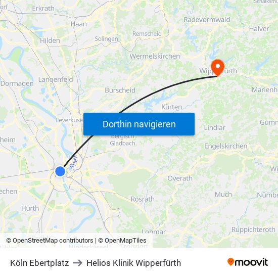 Köln Ebertplatz to Helios Klinik Wipperfürth map
