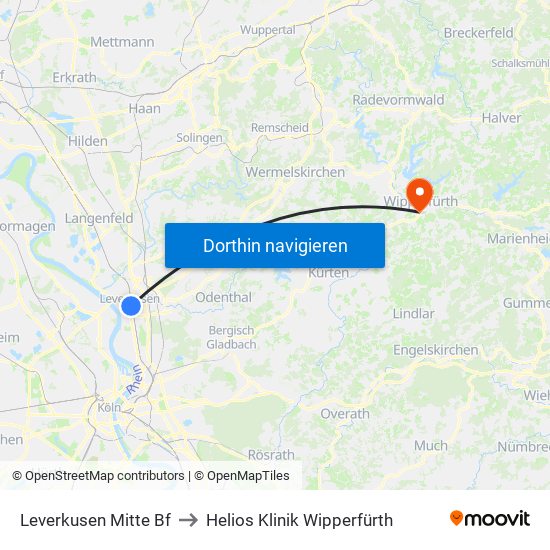 Leverkusen Mitte Bf to Helios Klinik Wipperfürth map