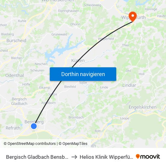 Bergisch Gladbach Bensberg to Helios Klinik Wipperfürth map