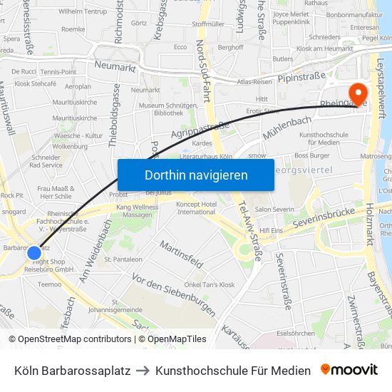 Köln Barbarossaplatz to Kunsthochschule Für Medien map