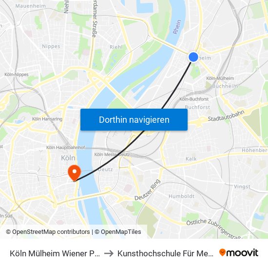 Köln Mülheim Wiener Platz to Kunsthochschule Für Medien map