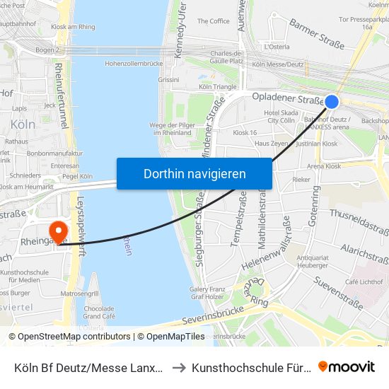 Köln Bf Deutz/Messe Lanxess Arena to Kunsthochschule Für Medien map