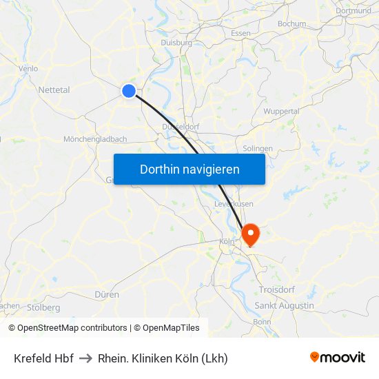 Krefeld Hbf to Rhein. Kliniken Köln (Lkh) map