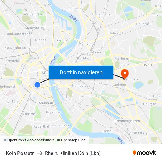 Köln Poststr. to Rhein. Kliniken Köln (Lkh) map