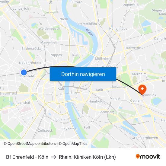 Bf Ehrenfeld - Köln to Rhein. Kliniken Köln (Lkh) map