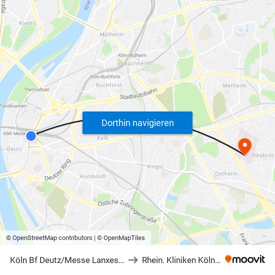 Köln Bf Deutz/Messe Lanxess Arena to Rhein. Kliniken Köln (Lkh) map