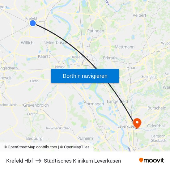 Krefeld Hbf to Städtisches Klinikum Leverkusen map