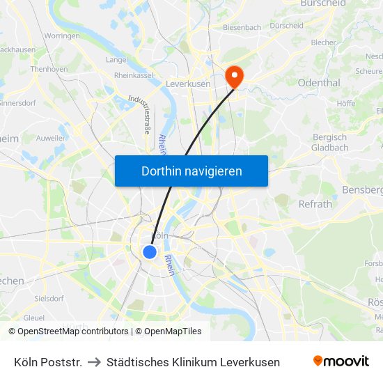 Köln Poststr. to Städtisches Klinikum Leverkusen map