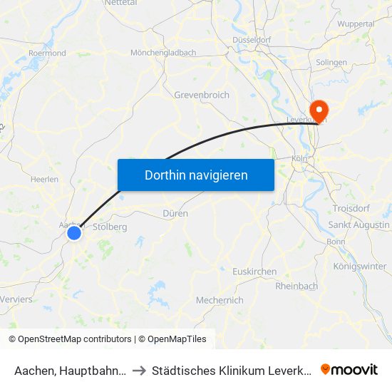 Aachen, Hauptbahnhof to Städtisches Klinikum Leverkusen map