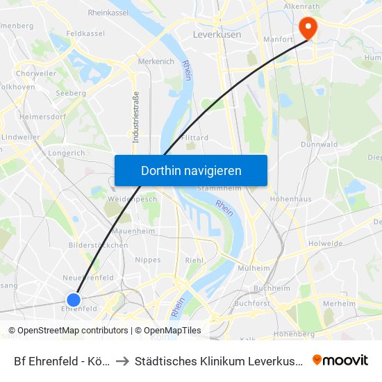 Bf Ehrenfeld - Köln to Städtisches Klinikum Leverkusen map