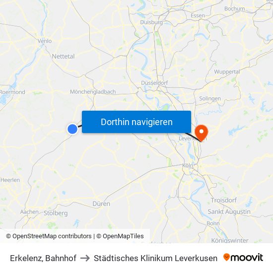 Erkelenz, Bahnhof to Städtisches Klinikum Leverkusen map