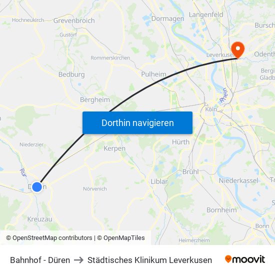 Bahnhof - Düren to Städtisches Klinikum Leverkusen map