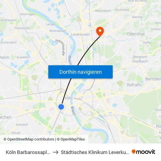 Köln Barbarossaplatz to Städtisches Klinikum Leverkusen map