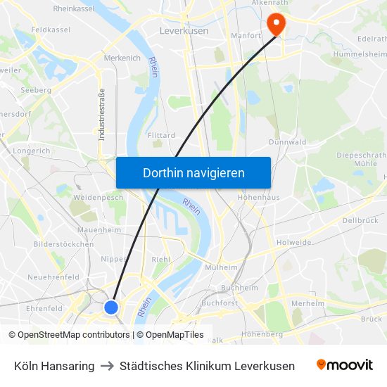 Köln Hansaring to Städtisches Klinikum Leverkusen map