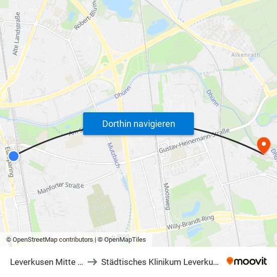 Leverkusen Mitte Bf to Städtisches Klinikum Leverkusen map