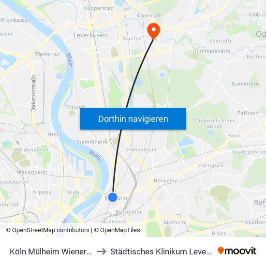 Köln Mülheim Wiener Platz to Städtisches Klinikum Leverkusen map