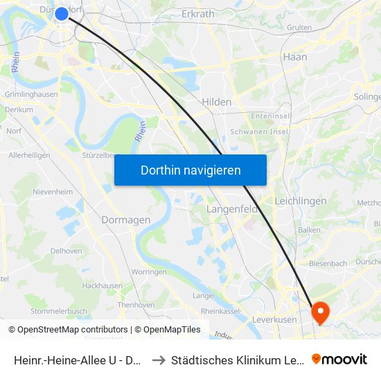Heinr.-Heine-Allee U - Düsseldorf to Städtisches Klinikum Leverkusen map