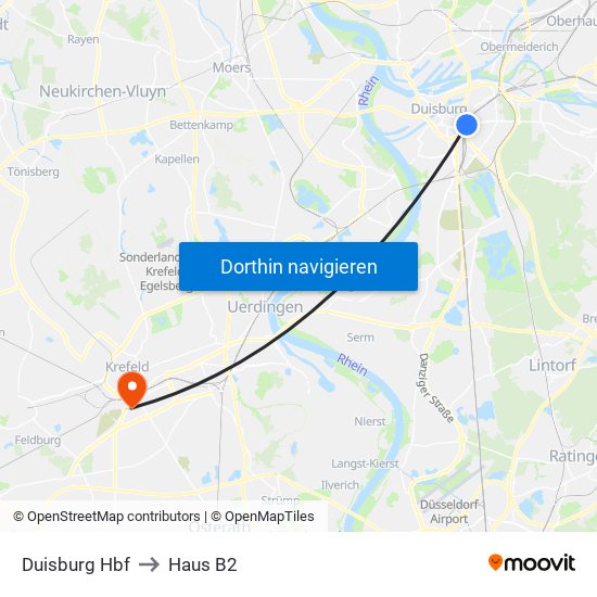 Duisburg Hbf to Haus B2 map