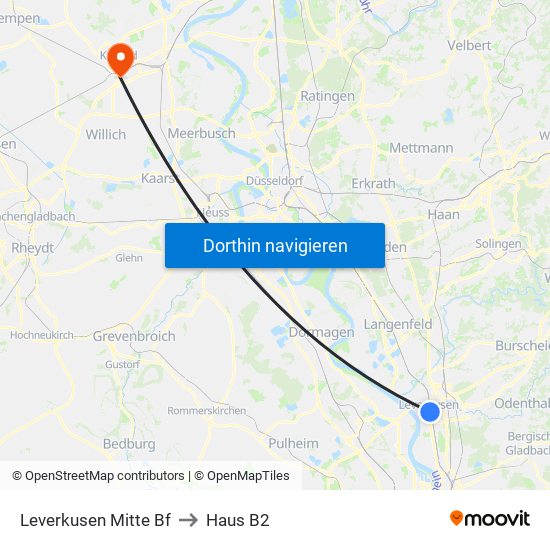 Leverkusen Mitte Bf to Haus B2 map