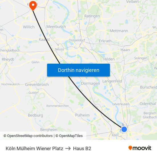 Köln Mülheim Wiener Platz to Haus B2 map