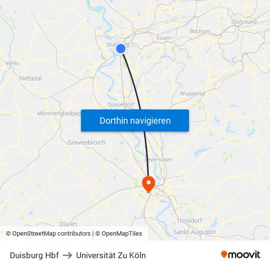 Duisburg Hbf to Universität Zu Köln map