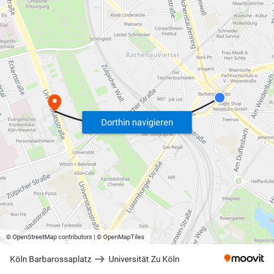 Köln Barbarossaplatz to Universität Zu Köln map