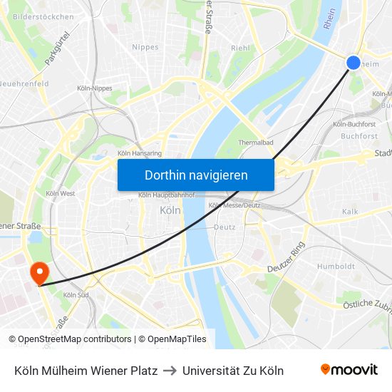 Köln Mülheim Wiener Platz to Universität Zu Köln map