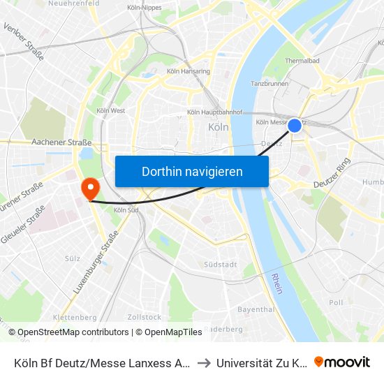 Köln Bf Deutz/Messe Lanxess Arena to Universität Zu Köln map