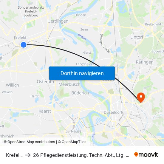 Krefeld Hbf to 26 Pflegedienstleistung, Techn. Abt., Ltg. Rehabilitation, Sozialdienst map