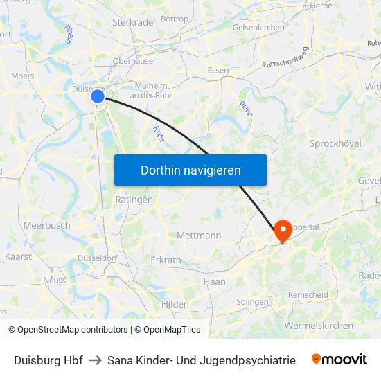 Duisburg Hbf to Sana Kinder- Und Jugendpsychiatrie map