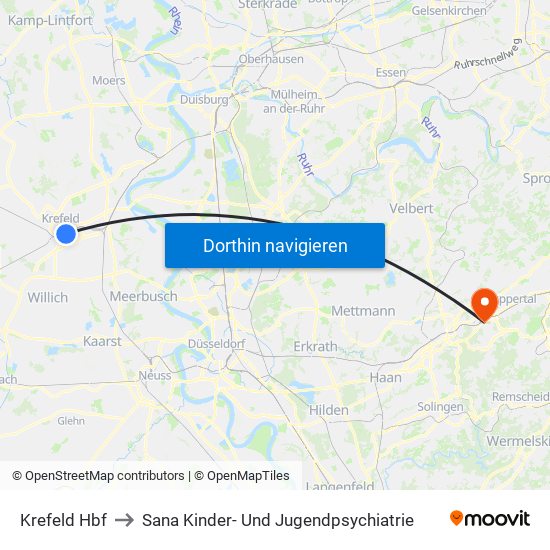 Krefeld Hbf to Sana Kinder- Und Jugendpsychiatrie map
