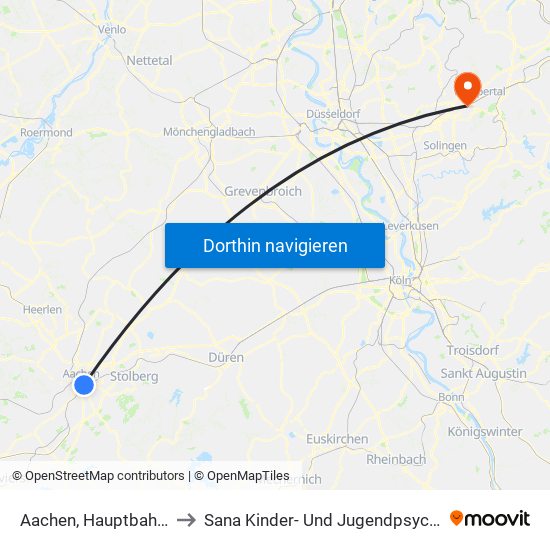 Aachen, Hauptbahnhof to Sana Kinder- Und Jugendpsychiatrie map