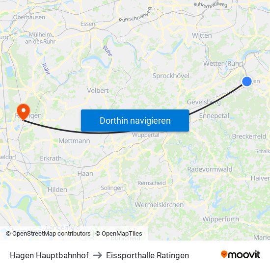 Hagen Hauptbahnhof to Eissporthalle Ratingen map