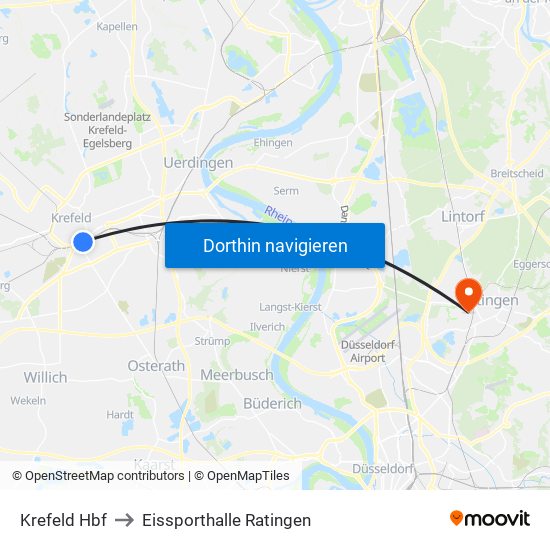 Krefeld Hbf to Eissporthalle Ratingen map