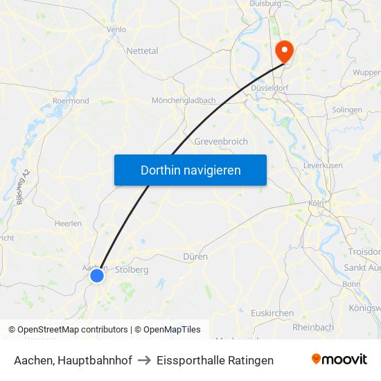 Aachen, Hauptbahnhof to Eissporthalle Ratingen map