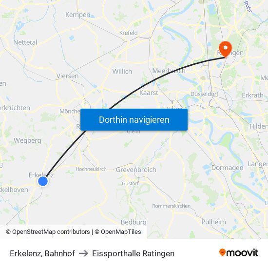 Erkelenz, Bahnhof to Eissporthalle Ratingen map